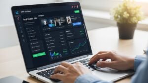A close-up of a laptop screen showing a modern IPTV reseller dashboard with credit balance, user management tools, and business analytics charts.