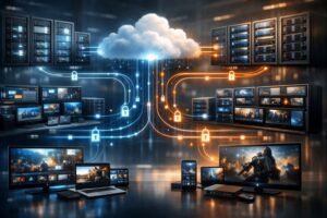 IPTV wholesale infrastructure showing servers distributing streams to resellers and users