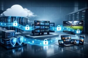 Secure IPTV infrastructure supporting unlimited IPTV subscriptions for resellers with cloud servers and encrypted data flow.