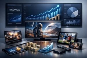 Unlimited IPTV subscriptions for resellers shown through a scalable IPTV business dashboard with increasing subscribers and revenue.