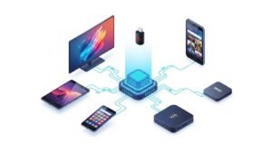 Illustration showing various devices compatible with the best IPTV reseller offer, including Smart TVs and Firesticks.