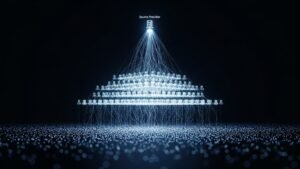 A holographic pyramid illustrating the IPTV reseller business model, with a source provider at the top, resellers in the middle, and customers at the base.