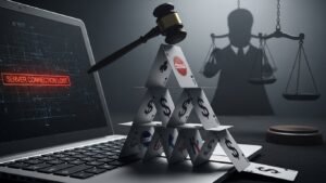 A collapsing house of cards on a laptop keyboard, symbolizing the legal risks and unstable foundation of the IPTV reseller business, a key aspect of what an IPTV reseller is.