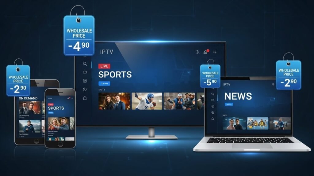 IPTV reseller panel for business showing dashboard with subscription management, active users, and revenue analytics