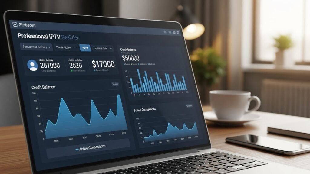 A laptop screen displaying a professional dashboard for managing the best IPTV reseller offer and user subscriptions.