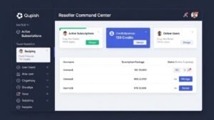 A screenshot of a professional IPTV reseller panel, a key feature of premium IPTV reseller solutions, showing user management, credit balance, and subscription status.