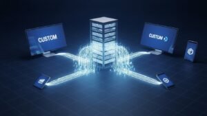 A 3D graphic illustrating premium IPTV reseller solutions, showing a central server distributing content to multiple branded devices, representing a reseller's network.