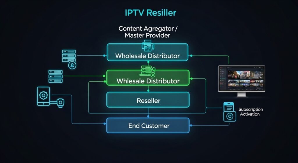 Diagram illustrating the IPTV reseller business model structure from provider to end customer.
