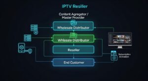 Diagram illustrating the IPTV reseller business model structure from provider to end customer.
