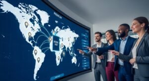 A professional team using a large, digital global map interface to manage a network of connected users.