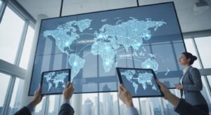 Interactive world map with glowing connections and cities labeled "DISTRIBUTOR NODES", representing global sub-reseller network expansion.