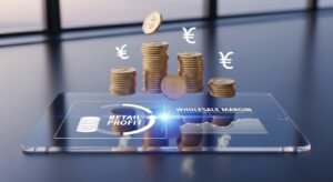 Digital profit breakdown infographic showing 'RETAIL PROFIT' and 'WHOLESALE MARGIN' above stacks of coins on a glass tablet.