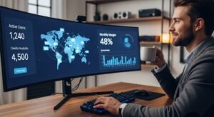 A confident reseller managing a credits-based IPTV reseller panel dashboard on multiple monitors, overseeing high-profit margins and customer growth.