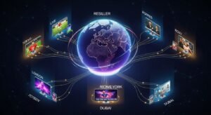An isometric 3D visualization showing global data connections spreading from a center to cities around the world, representing worldwide IPTV distribution.