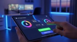 Close-up of a reseller managing active user lines and generating trials on a futuristic IPTV dashboard tablet.