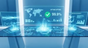 A wide, futuristic digital control panel with glowing blue screens showing data and a world map.