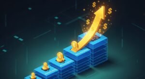 A 3D stacked diagram showing a growing business model with decreasing costs and an increasing profit arrow.