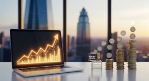 A conceptual image showing recurring revenue growth with stacks of coins and an upward-trending profit graph on a laptop.