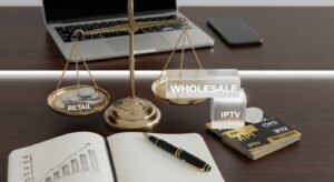 A balance scale comparing the concept of high wholesale profit blocks versus smaller retail credits for IPTV.