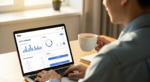 A person managing their IPTV business from a laptop, showing a simple and intuitive reseller dashboard interface.