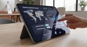A high-end digital dashboard showing automated subscriber management and global sales analytics.
