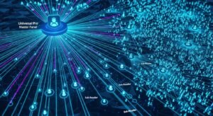 An intricate network infographic visualizing how a single Universal Pro Master Reseller Panel scales its business by connecting to dozens of active sub-reseller nodes.