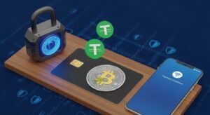 3D concept of secure crypto payment options (Bitcoin and Tether) alongside a VPN lock for Dino IPTV resellers.
