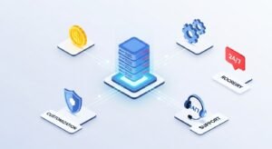 An isometric 3D infographic showing icons for security, scalability, and revenue growth linked to a central IPTV server.