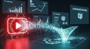 Digital artwork showing a glowing video play button funneling a massive stream of digital traffic and analytics directly into a targeted geographic map.