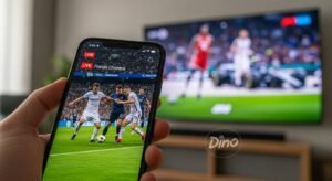 Multiple screens showcasing international sports via Dino IPTV, highlighting multi-geographic content.