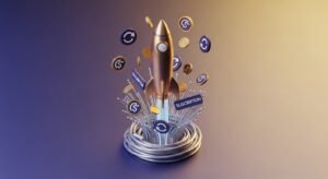 3D isometric illustration showing a golden rocket launching from digital cables, representing rapid business growth and profit.