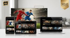 Multiple devices including a TV, tablet, and smartphone displaying high-definition IPTV content simultaneously.