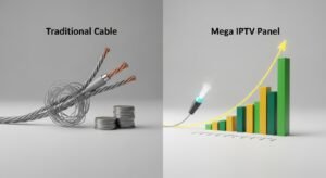 A visual comparison showing the higher profit margins and efficiency of IPTV panels versus traditional cable distribution.