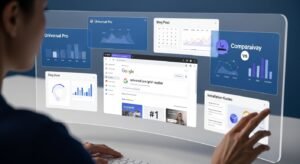 A digital marketing specialist uses SEO and strategic content planning to achieve the top search ranking for "universal pro iptv reseller" on a transparent screen display.