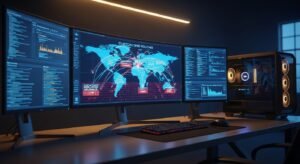 A professional multi-monitor workstation displaying complex global server routing, custom DNS networks, and localized proxy connections.