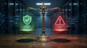 A digital scale balancing a verified app store logo and a warning sign, representing legal vs illegal IPTV services.