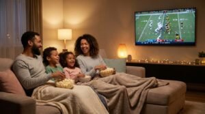 A happy family in the United States watching a legal IPTV stream together, proving that iptv legal in usa is the best way to enjoy TV.