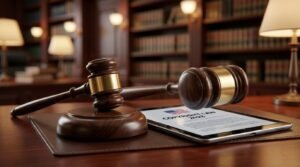 A wooden judge's gavel resting next to a modern tablet, representing the laws that make iptv legal in usa.