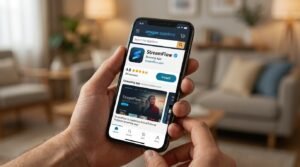 A person checking a smartphone to see if their service for iptv legal in usa is verified on an app store.