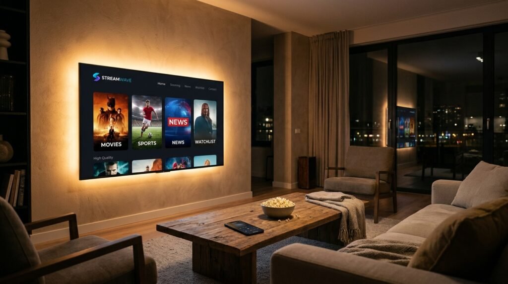 A modern living room setup showing a legal IPTV service streaming on a smart TV, highlighting if IPTV is legal to use.