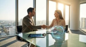 Two business professionals shaking hands over a desk with digital charts, representing whether it is IPTV legal for resellers to sell.